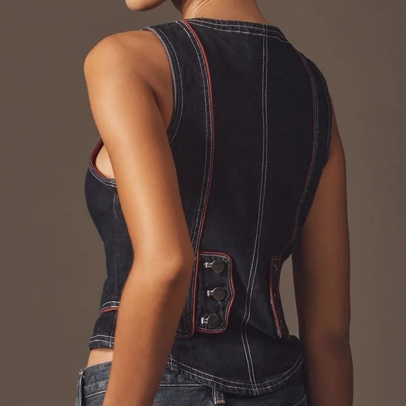 Anthropologie Pilcro Contrast Denim Vest  Top with Red Accents SIZE SMALL NEW - Picture 2 of 8